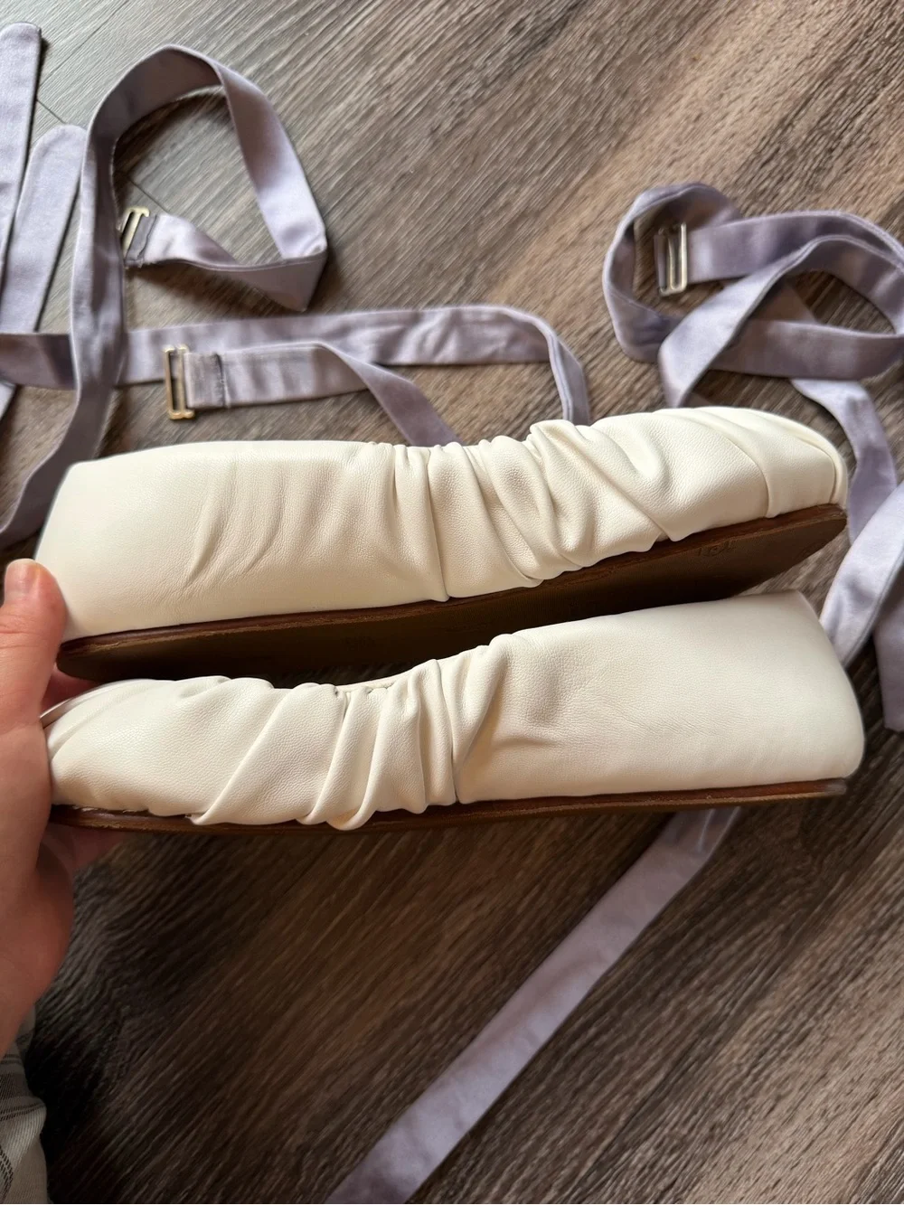 Yume Yume Cream Ballet Flats with Gray Satin Ribbon
